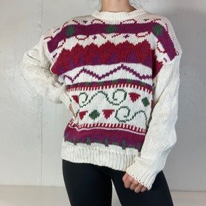 Vintage 80s White + Red Knit Crewneck Ski Sweater